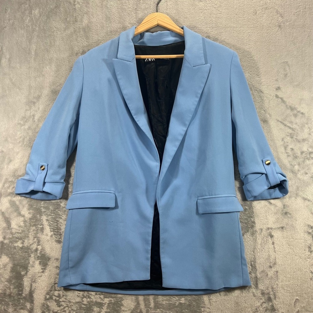 ZARA Blazer Womens Medium M‎ Light Blue 3/4 Roll Tab Sleeve Open Front 8138 Chic